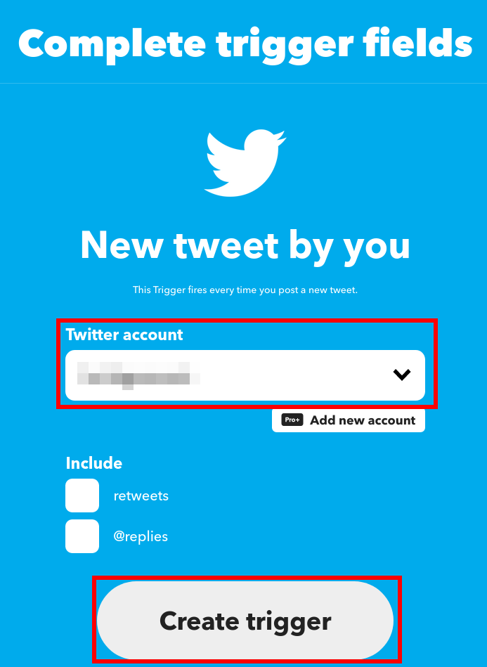 select twitter account and click ‘create trigger’ button